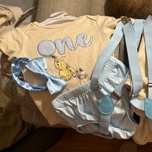Winnie-the-Pooh 1st Bday— 12month Gerber onesie, bloomers, bow tie, suspenders